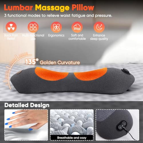 3 in 1 Back Massager, Electric Lumbar Support Pillow Heat Vibration Massage Lower Back Spine Decompression Device, Light Gray - color: Light Grey