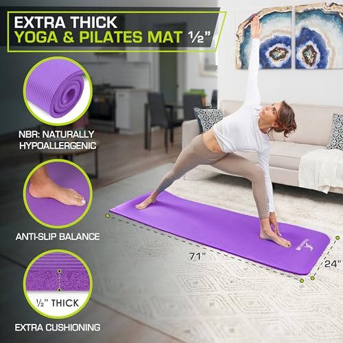 ProsourceFit Extra Thick Yoga and Pilates Mat 1/2” (13mm) or 1" (25mm), 71-inch Long High Density Exercise Mat with Comfort Foam and Carrying Strap - color: PURPLE, size: 1/2"