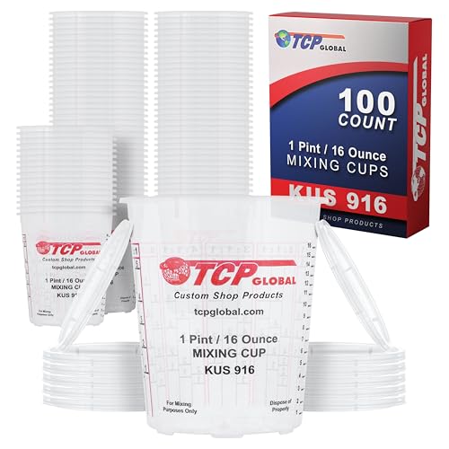 Custom Shop Paint Mixing Cups, 16-Ounce (Box of 100) - Plastic Measuring Cups for Liquids, Automotive Painting, Epoxy Resin, Acrylic Arts, Crafts, Disposable or Reusable, Graduated, Mixing Ratios - color: Cups - Box of 100 + 12 Lids