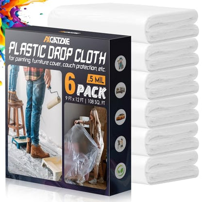 Axgatoxe 12 x 9 Ft Plastic Drop Cloths for Painting (6-Pack) | Plastic Painter's Sheeting & Tarps for Painting Supplies, Waterproof & Dust-proof Furniture/Couch/Floor Protection Cover - size: 6-Pack