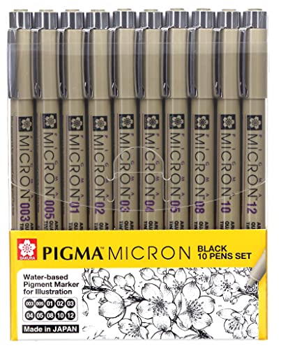 Sakura Pigma Micron fineliner pen 10 piece black ink colour drawing set