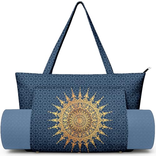 Yoga Bag for Women, Large Canvas Yoga Mat Tote Bag with Yoga Mat Carrier | Large Mat Pocket Fitness Tote for Pilates, Gym, Travel, Office & Beach - color: Blue Mandala