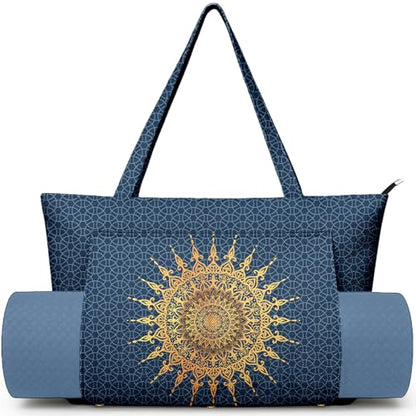 Yoga Bag for Women, Large Canvas Yoga Mat Tote Bag with Yoga Mat Carrier | Large Mat Pocket Fitness Tote for Pilates, Gym, Travel, Office & Beach - color: Blue Mandala