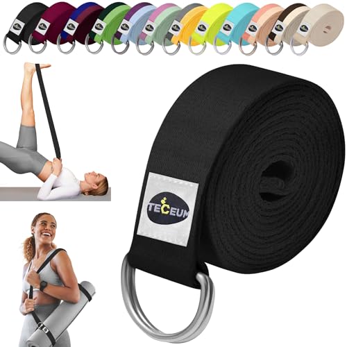 TECEUM 2 IN 1 Yoga & Mat Strap for Stretching – Cotton – 6/8/10 ft | Adjustable Non-Slip Belt in 30+ Colors for Yoga, Pilates, Physical Therapy, Fitness, Home Workouts and Carrying Mats - color: Black, size: 6 ft