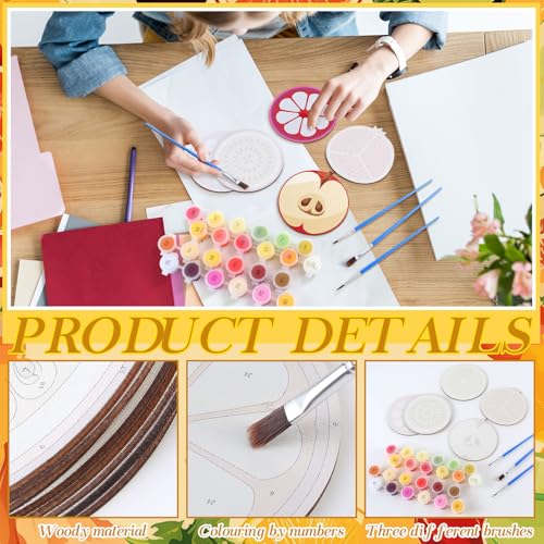 Reallnaive 8 Pcs Fruit Paint by Numbers Kit for Adults Wooden Coasters | Mini Paint by Numbers, Tiny Round Oil Painting Drink Coaster with Holder, for Small DIY Craft Birthday Gift - style: Fruit