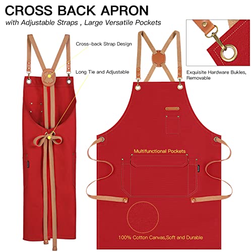 Genixart Chef Apron Men Women, Kitchen Aprons Cooking, BBQ - Red, 6 Pack | Box Packed, Cotton Canvas, Cafe, Bar, Workshop, Restaurant, Water & Oil Stain Resistant, Cross Back Adjustable, Large Pockets - color: Red, 6 Pack