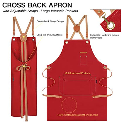Genixart Chef Apron Men Women, Kitchen Aprons Cooking, BBQ - Red, 6 Pack | Box Packed, Cotton Canvas, Cafe, Bar, Workshop, Restaurant, Water & Oil Stain Resistant, Cross Back Adjustable, Large Pockets - color: Red, 6 Pack