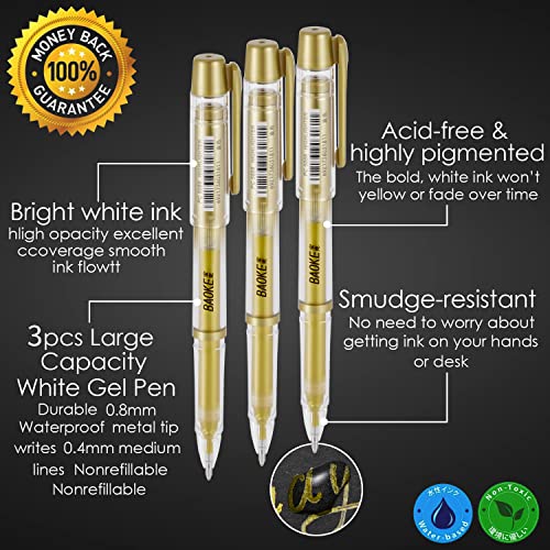 Qionew Gold Gel Pens, 3 Pack, 1mm Fine Gel Ink Pen, Opaque Ink, for Artists Drawing on Black Paper, Sketching, Illustration, Card Making, Bullet Journaling - size: 1 Count (Pack of 3), style: Gold