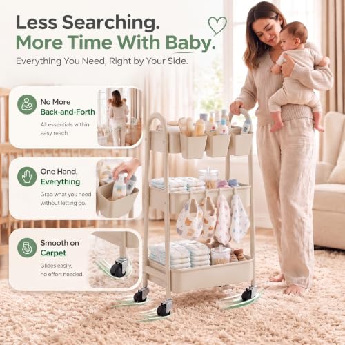 Beige 3 Tier Rolling Cart Metal with Wheels,Tan Three Tiered Bedside Carts | Utility Storage Organizer Trolley on Wheels for Art, Craft, Diaper Caddy,Nursing,Postpartum,Baby Essentials,Bathroom Supplies - color: Light Beige