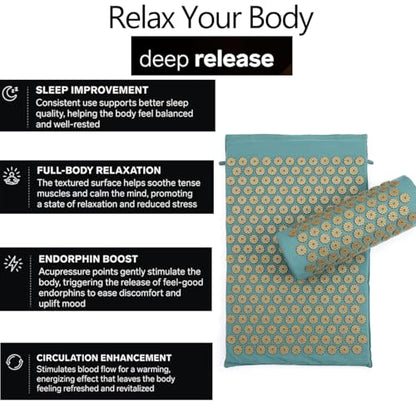 Acupressure Mat and Pillow Set for Back/Neck Pain Relief and Muscle Relaxation (Green/Gold)