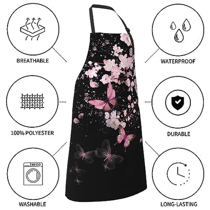 Art Apron with Pocket for Women Men | Kitchen Aprons Chef Apron for Cooking Baking BBQ Painting Gardening - color: Cherry Blossom With Butterflies