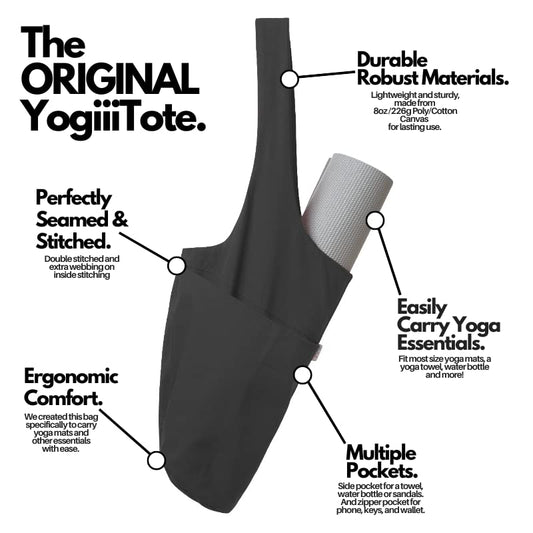 Yogiii Yoga Mat Bag | The ORIGINAL YogiiiTote | Yoga Mat Carrier Tote Sling w/Large Side Pocket & Zipper Pocket | Fits Most Size Mats - color: Obsidian Black