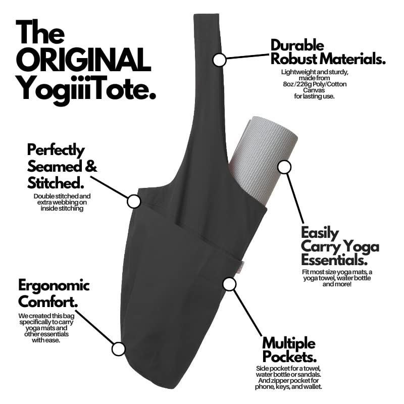 Yogiii Yoga Mat Bag | The ORIGINAL YogiiiTote | Yoga Mat Carrier Tote Sling w/Large Side Pocket & Zipper Pocket | Fits Most Size Mats - color: Obsidian Black