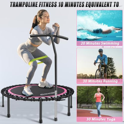 Newan 40"-48" Silent Mini Trampoline Fitness Trampoline Bungee Rebounder Jumping Cardio Trainer Workout for Adults-Max Limit 330lbs - color: 48" Round Pink (have Handle)