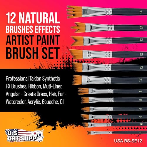 U.S. Art Supply 12 Piece Special Effects Artist Paint Brush Set - Professional Taklon Synthetic FX Brushes, Ribbon, Muti-Liner, Angular - Create Grass, Hair, Fur - Watercolor, Acrylic, Gouache, Oil