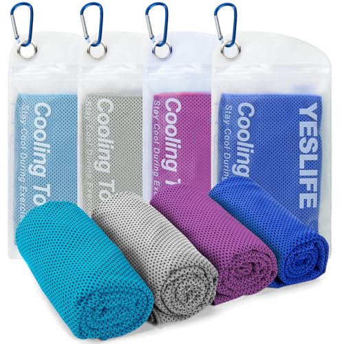 YESLIFE 4-Pack Cooling Towels (40"x 12"), Cooling Neck Wraps, Ice Towel - color: Grey, Dark Blue, Purple, Blue