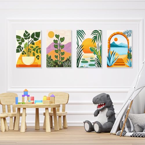QENSPE 4 Pack Landscape Paint by Numbers for Adults with Wooden Frame, Green Plants Adults Paint by Number for Beginners, DIY Acrylic Oil Painting Kits on Canvas, Home Wall Decor Gift 8X12 inch - color: Green plants