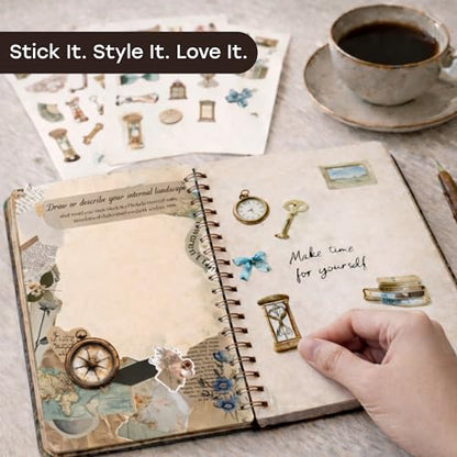 Unwynd Vintage Chapter Journal Scrapbook Starter Kit for Women Adult Teen | Junk Scrapbook Supplies - Washi Tape, Stickers, Paper, Bullet Art, DIY Journaling Scrapbooks Set - Calligraphy & Sumi Brushes