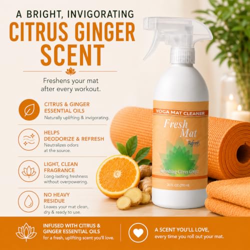 Fresh Mat Yoga Mat Cleaner Spray - Natural Deodorizing Cleaner for Yoga Mats & Fitness Equipment - No-Rinse, Residue-Free Formula with Witch Hazel & Essential Oil, Refreshing Citrus Ginger (24 fl oz). - size: 24 Fl Oz (Pack of 1)