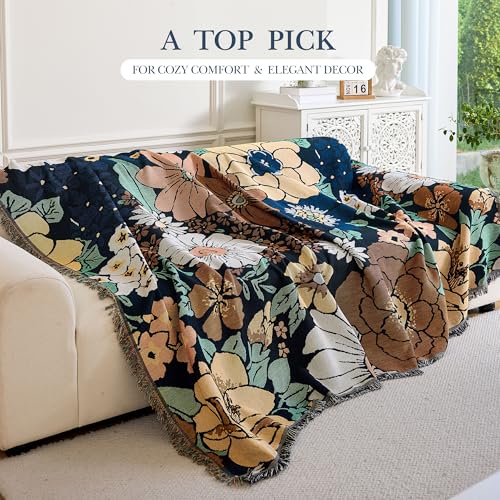 VANJOROY Boho Throw Blanket for Couch Cover, 100% Handwoven Cotton Southwestern Farmhouse Floral Decor Reversible Blanket, All Season Throw for Sofa Bed Tapestry Outdoor Camping Picnic. 91″×98″ - color: Blue Flower, size: 91″×98″