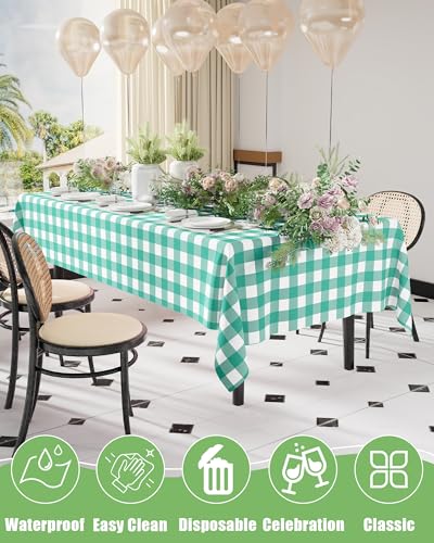 Smiry 12 Packs Gingham Disposable Table Cloth, 54 x 108 Inch Waterproof Plastic Tablecloth, Rectangle Teal and White Checkered Table Covers for Picnic, Birthday, Party - color: Teal and White, size: 54"x108" (Pack of 12)