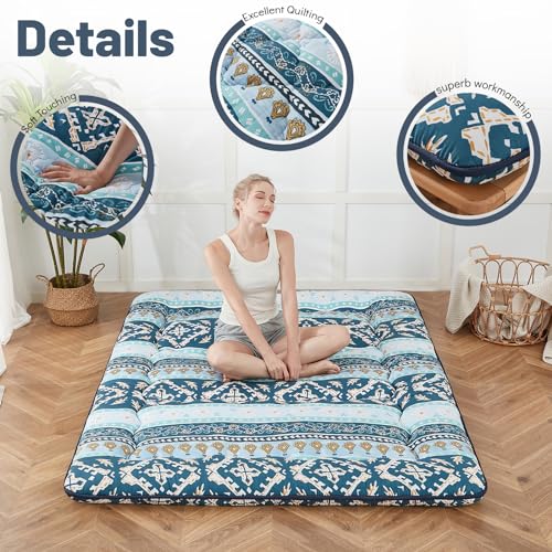 Zelladorra Japanese Floor Mattress, Futon Mattress | Roll Up Tatami Mat with Portable Storage Bag and Washable Cover, Suitable for Camping, Guest Room, Blue Striped Jacquard - color: Blue Striped Jacquard ( 4"th + Dust Cover ）, size: Twin (80"L x 39"W)