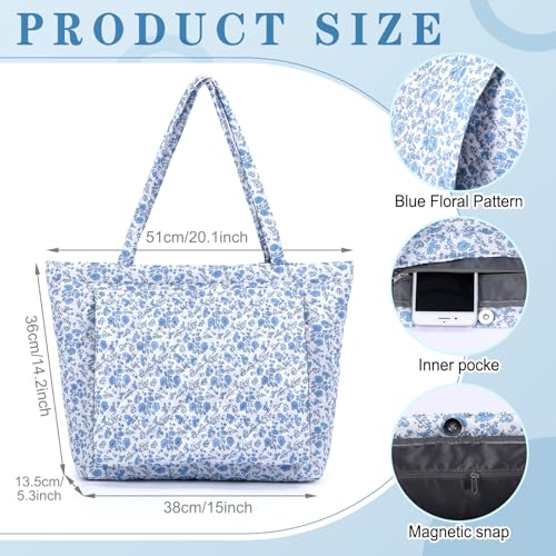 Sadnyy Blue Floral Quilted Yoga Bags with Mat Pocket for Women, Cute Cotton Floral Yoga Tote Carrier with Shoulder Strap, Ideal for Pilates, Travel, Office, Beach & Workout