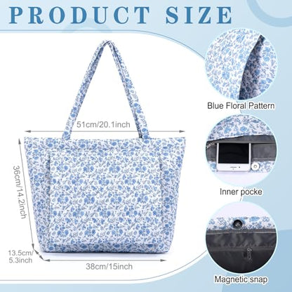 Sadnyy Blue Floral Quilted Yoga Bags with Mat Pocket for Women, Cute Cotton Floral Yoga Tote Carrier with Shoulder Strap, Ideal for Pilates, Travel, Office, Beach & Workout