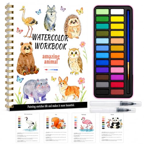 Watercolor Workbook - Water Color Coloring Book Set for Adults. 14 Land Animal Water Colors Book, 24 Color Watercolor Paint, 3 Brush Pens, 300g Watercolor Paper, Perfect Gifting for Beginners - color: Animals-land