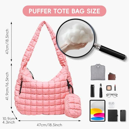 Puffer Tote Bag for Women, Large Quilted Puffer Bag with Pouch, Puffy Quilted Hobo Bag, Puff Crossbody Purse - color: 2-pink