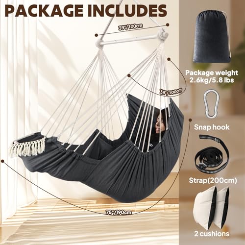 Chihee Hammock Chair Foot Rest 2 Cushions Max 485 lbs Metal Spreader Bar | Robust Hanging Chair Soft Cotton Blended Swing Collapsible Easy Storage Strong Strap Iron Carabiner Pocket Indoor Outdoor - color: Dark Grey