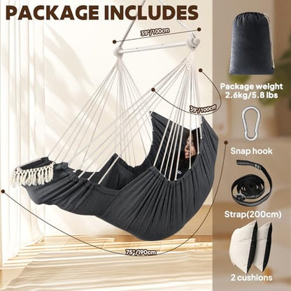Chihee Hammock Chair Foot Rest 2 Cushions Max 485 lbs Metal Spreader Bar | Robust Hanging Chair Soft Cotton Blended Swing Collapsible Easy Storage Strong Strap Iron Carabiner Pocket Indoor Outdoor - color: Dark Grey