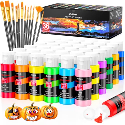 Caliart 36 Colors Acrylic Paint Set with 12 Brushes | Craft Painting kit for Adults Artists Beginners, Rich Pigment Non-toxic, Canvas Wood Rock Pumpkin Ceramic Art Supplies Paint - color: Regular, size: 2 Fl Oz (Pack of 36)