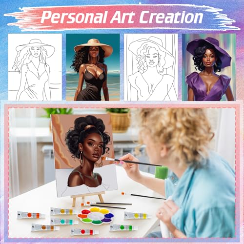 Zhanmai Afro Queen 88 Pcs 8 x 10 Inch Pre Drawn Canvas for Painting Kit Pre Stretched Canvas for Sip and Paint Party Favor Coloring DIY Virtual Party Birthday Gifts Adult's Date Night - style: Afro Queen