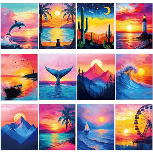 Sherr 12 Pcs Pre Drawn Canvas for Adults,Beautiful Scenery,8 x 10 Inch | Pre Printed Canvas, Sip and Paint Party Canvas Painting Kit, for Holiday Painting Crafts Favor - size: 8 x 10 Inch, style: Beautiful Scenery