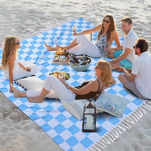 Extra Large Turkish Beach Towel Picnic Mat Throw Blanket Camping Mat Lightweight Oversized Giant Mexican Serape Baja Cobijas Mexicanas Para Mesa Lawn Patio Park Stadium Outside Festival Grass Hammock - color: Checked Blue, size: Giant Large 82'' x 90''