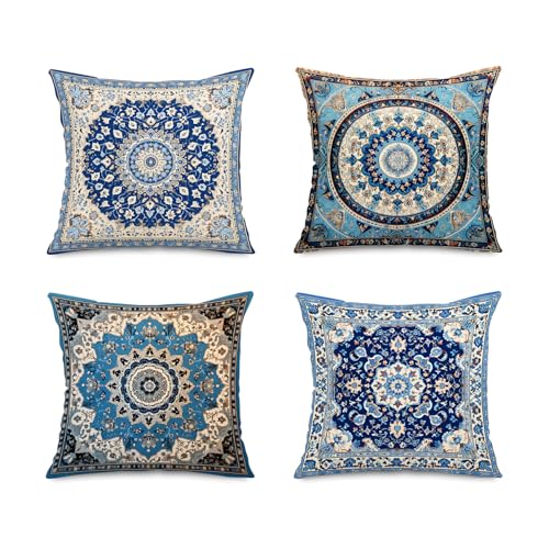 Navy Mandala Pattern Throw Pillow Covers 18x18 Set of 4 Boho Accents Decorative Throw Pillows for Couch, Sofa, Outdoor Patio Bohemian Decor - color: Blue