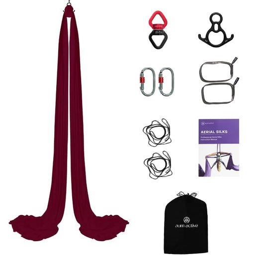 Aerial Silks Yoga Hammock Kit, 11 Yards, Hardware and Swivel | Knitted fabric with swivel and guide, portable carry bag included, for aerial yoga, gymnastics and home gym practice - color: Plum