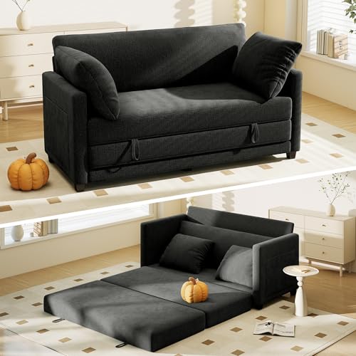 Myroyalsit 65" Convertible Loveseat Sofa Bed, 2-in-1 Folding Sofa Bed with 2 Pillow for Small Spaces, Modern Loveseat Sleeper Couch for Apartment, Living Room & Guest Room (Black Chenille, 65 inch) - color: Black, size: 65"