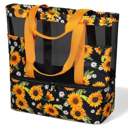 Mesh Tote Beach Bag with Leakproof Wet Compartment - color: Sunflower