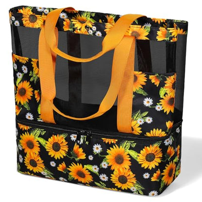 Mesh Tote Beach Bag with Leakproof Wet Compartment - color: Sunflower