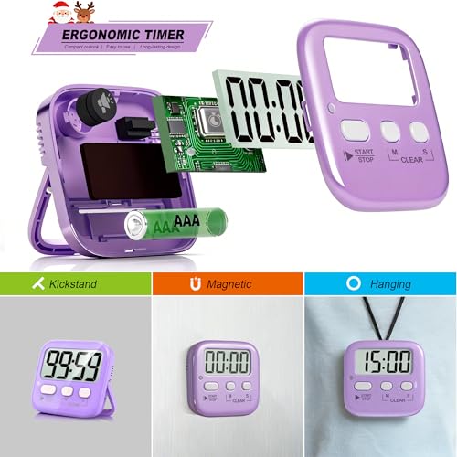Antonki 2 Pack Digital Timer for Kids Classroom Kitchen Timers for Cooking | w/ Battery, Easy to View, Alarm, Mute Mode, Count Down/Up, Magnetic, Kickstand, Hanging, Classroom Timer for Teacher Supplies - color: 2 * Pink + Purple