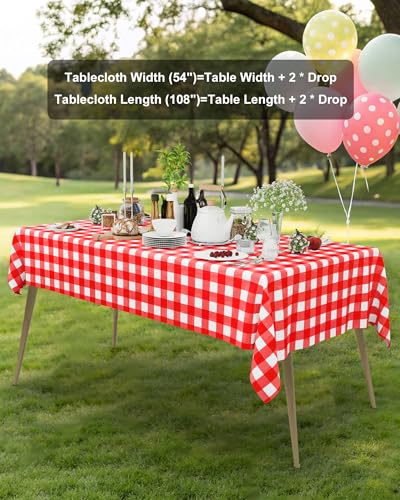 Smiry 8 Packs Gingham Disposable Table Cloth, 54 x 108 Inch Waterproof Plastic Tablecloth, Rectangle Red and White Checkered Table Covers for Picnic, Party, Birthday, Banquet - color: Red and White, size: 54"x108" (Pack of 8)