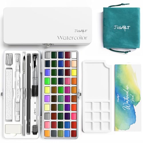 JusArt 50 Colors Watercolor Paint Set,Art Supplies Portable Paint Art Kit | Detail Painting Brushes, Water Brush Pens, Portable Travel Watercolor Painting Set for Adult, Artists, Professionals