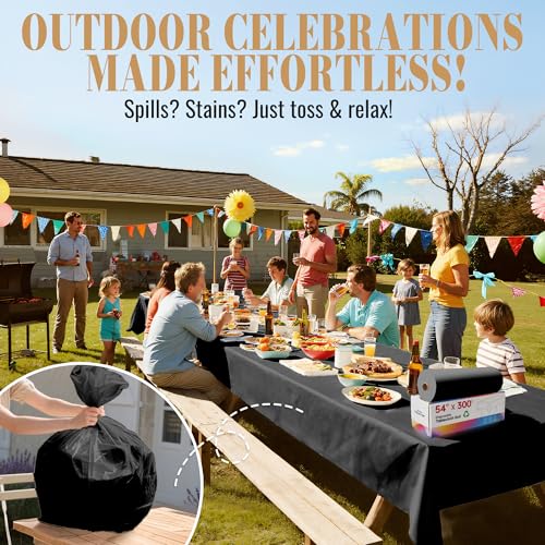 Disposable Table Cloth Plastic, 54In x 300Ft Black Plastic Tablecloth Roll | Black Tablecloth Roll PEVA, Waterproof Premium Table Cover Roll with Slide Cutter for Banquet, Party, Birthday, Festival - color: Black, size: 54" x 3600" (Rectangular)