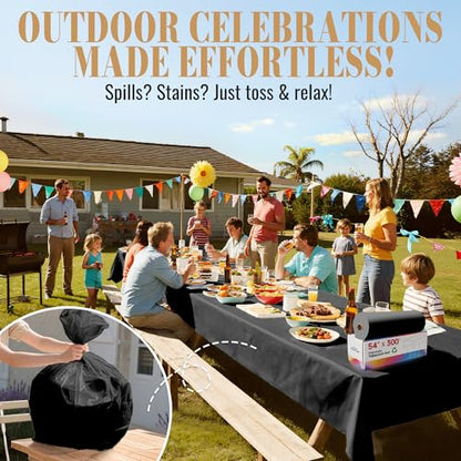 Disposable Table Cloth Plastic, 54In x 300Ft Black Plastic Tablecloth Roll | Black Tablecloth Roll PEVA, Waterproof Premium Table Cover Roll with Slide Cutter for Banquet, Party, Birthday, Festival - color: Black, size: 54" x 3600" (Rectangular)