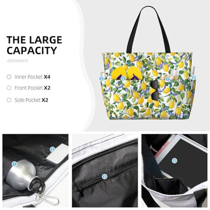 Large Beach Bag for Women Waterproof Foldable Travel Shoulder Tote Bag with Pocket for Weekender Pool Vacation - color: Lemon White
