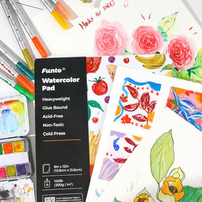 Funto Watercolor Paper Pads, 9x12, 30 Sheets, 140lb/300gsm, Cold Pressed, Acid-Free Heavyweight Art Paper for Painting, Drawing & Art Supplies - color: 9x12-White-1Pack
