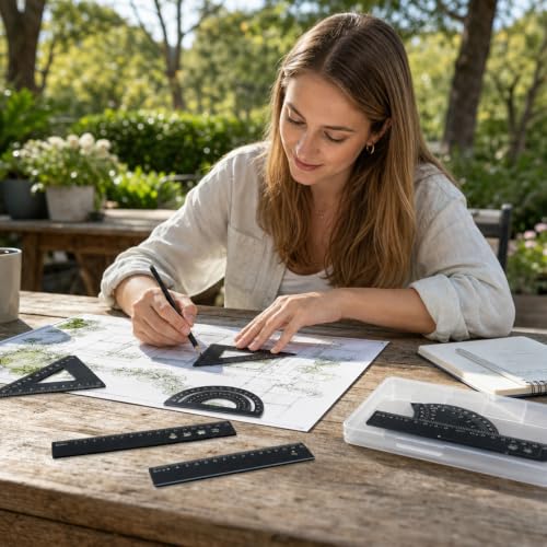 Triangle Ruler, 6 Pcs Aluminum Drafting Triangle Set with Metal Protractor, Professional Metal Ruler Kit for School Math Classes and Engineering Drafting, Portable Geometry Tools with Protective Case