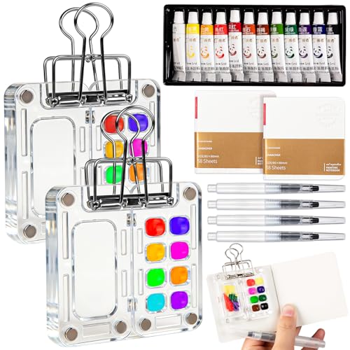 Mini Watercolor Paint Set Travel - Portable Pocket Watercolor Kit with 2 Magnetic Palette Clip, 4 Brushes & 2 Sketchbook - Tiny Art Supplies for Adults Beginners Outdoor Sketching & Urban Sketching